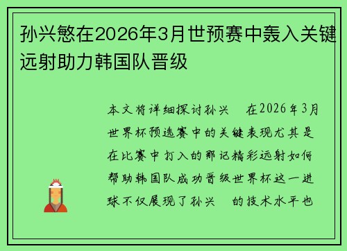 孙兴慜在2026年3月世预赛中轰入关键远射助力韩国队晋级
